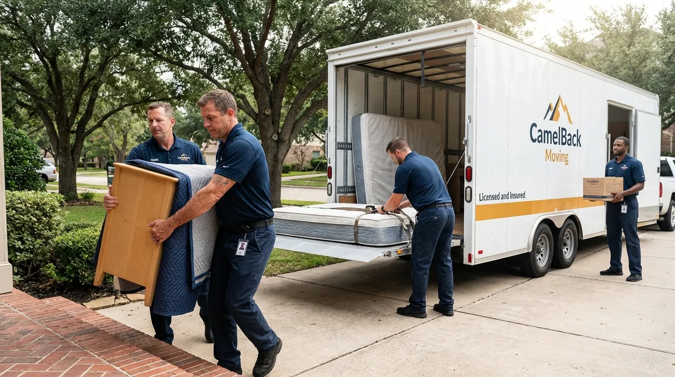 Crew loading residential truck for cross-state move from Madelia, MN