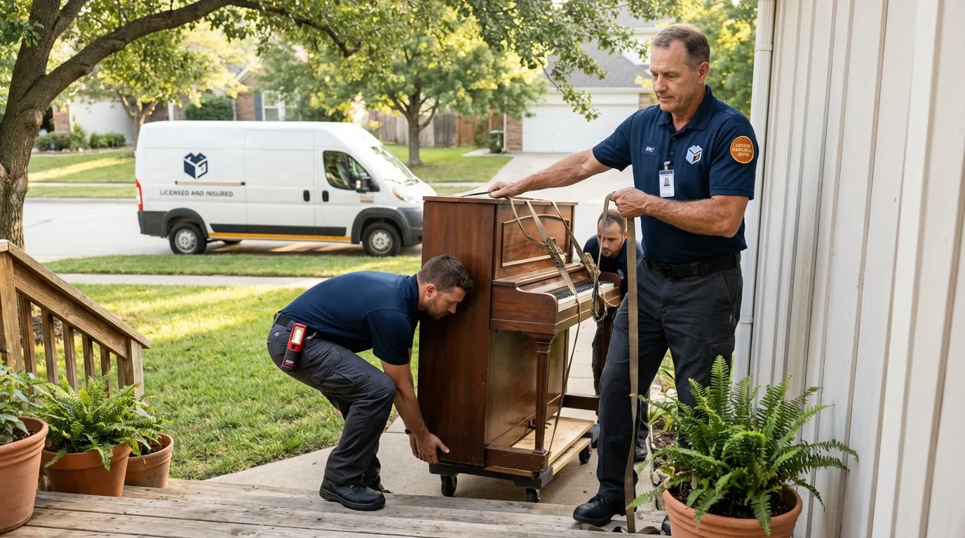 Licensed piano movers securing grand piano in Madelia, MN