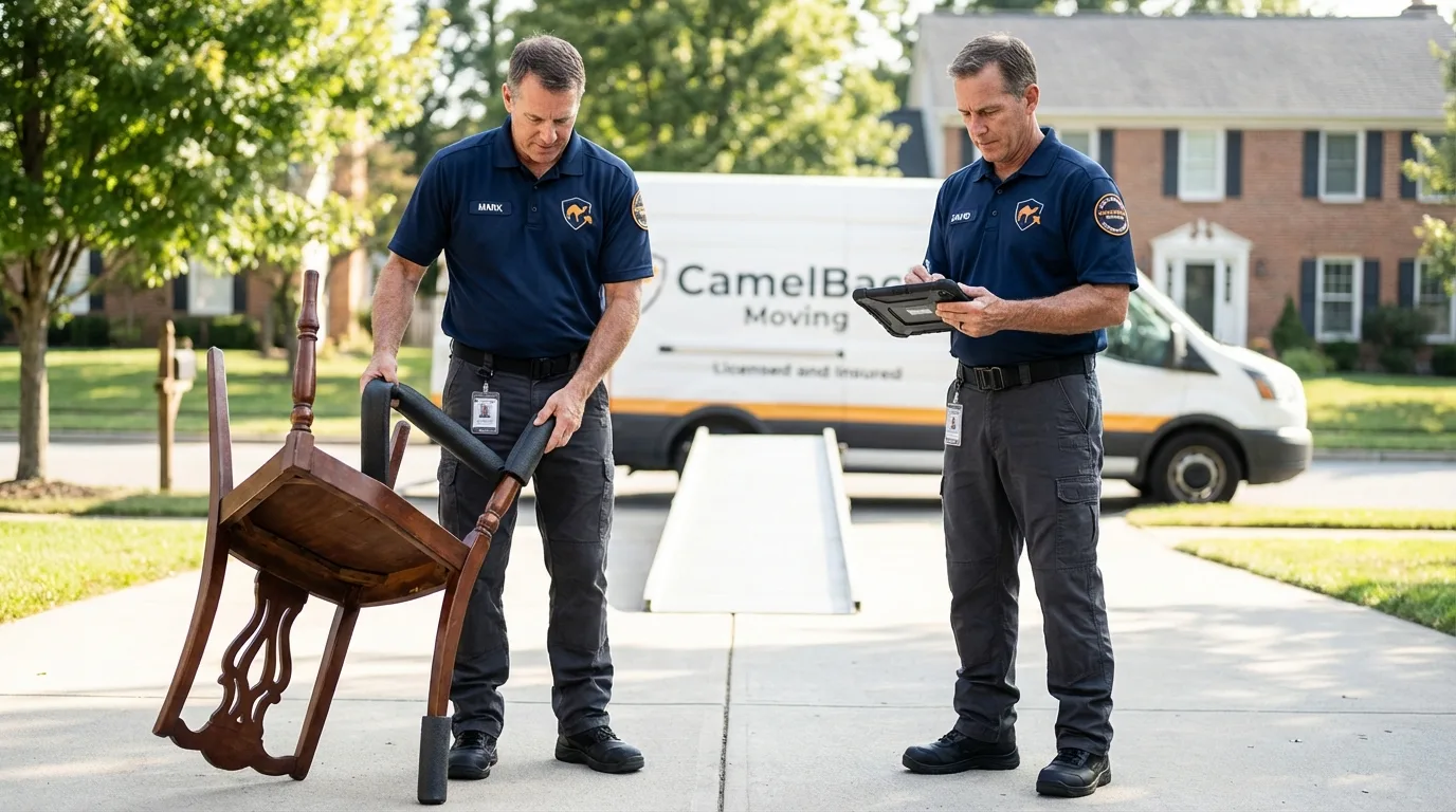 Movers inspecting furniture for damage prevention before loading in Madelia, MN