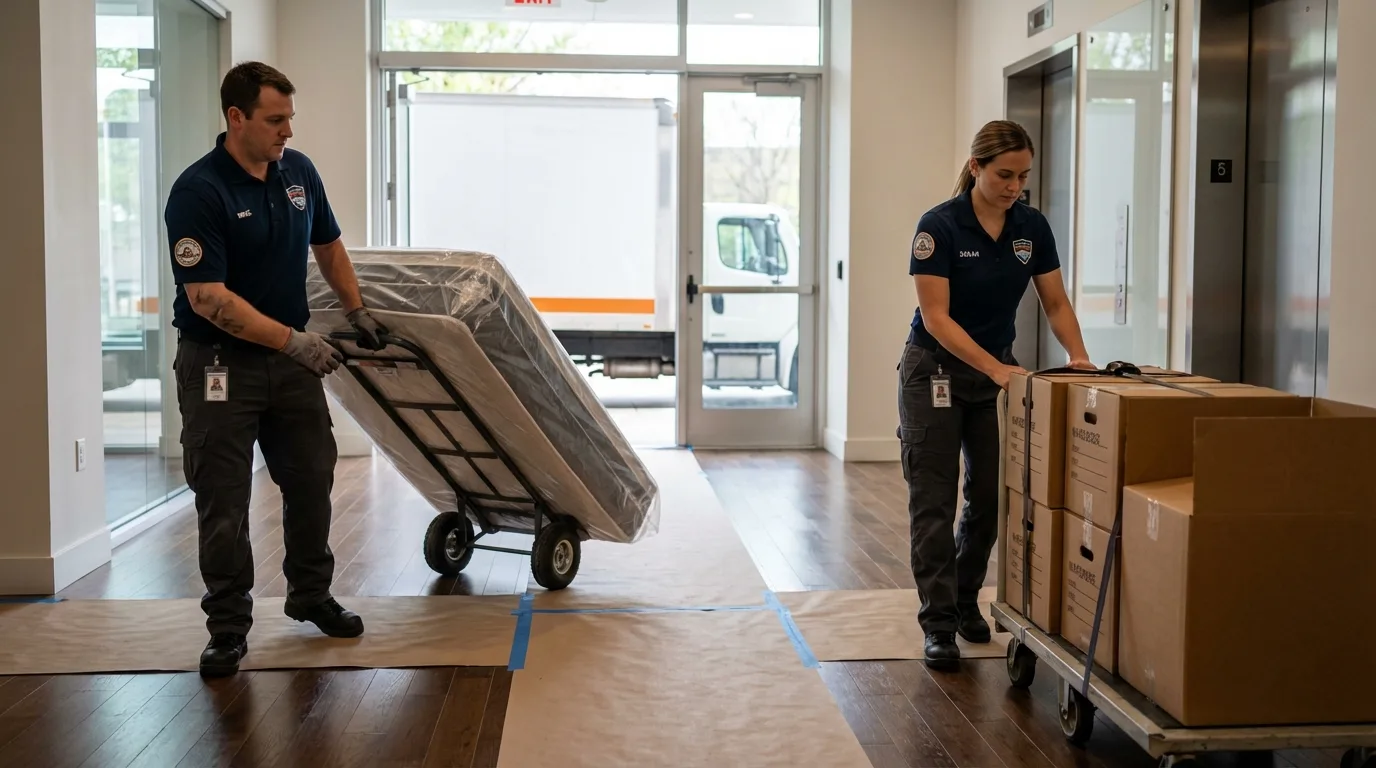 Professional apartment movers loading elevator in Madelia, MN